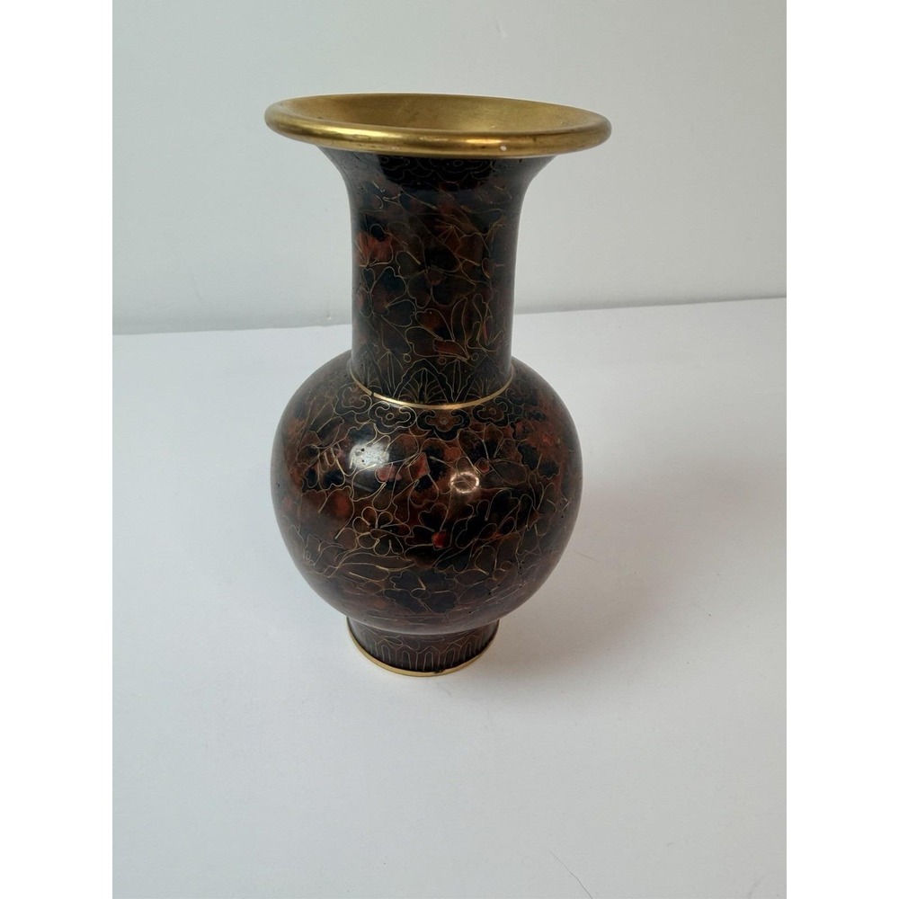 Cloisonne Chinese Floral Design‎ Decor Enamel Brass Vase 6.5" Vintage